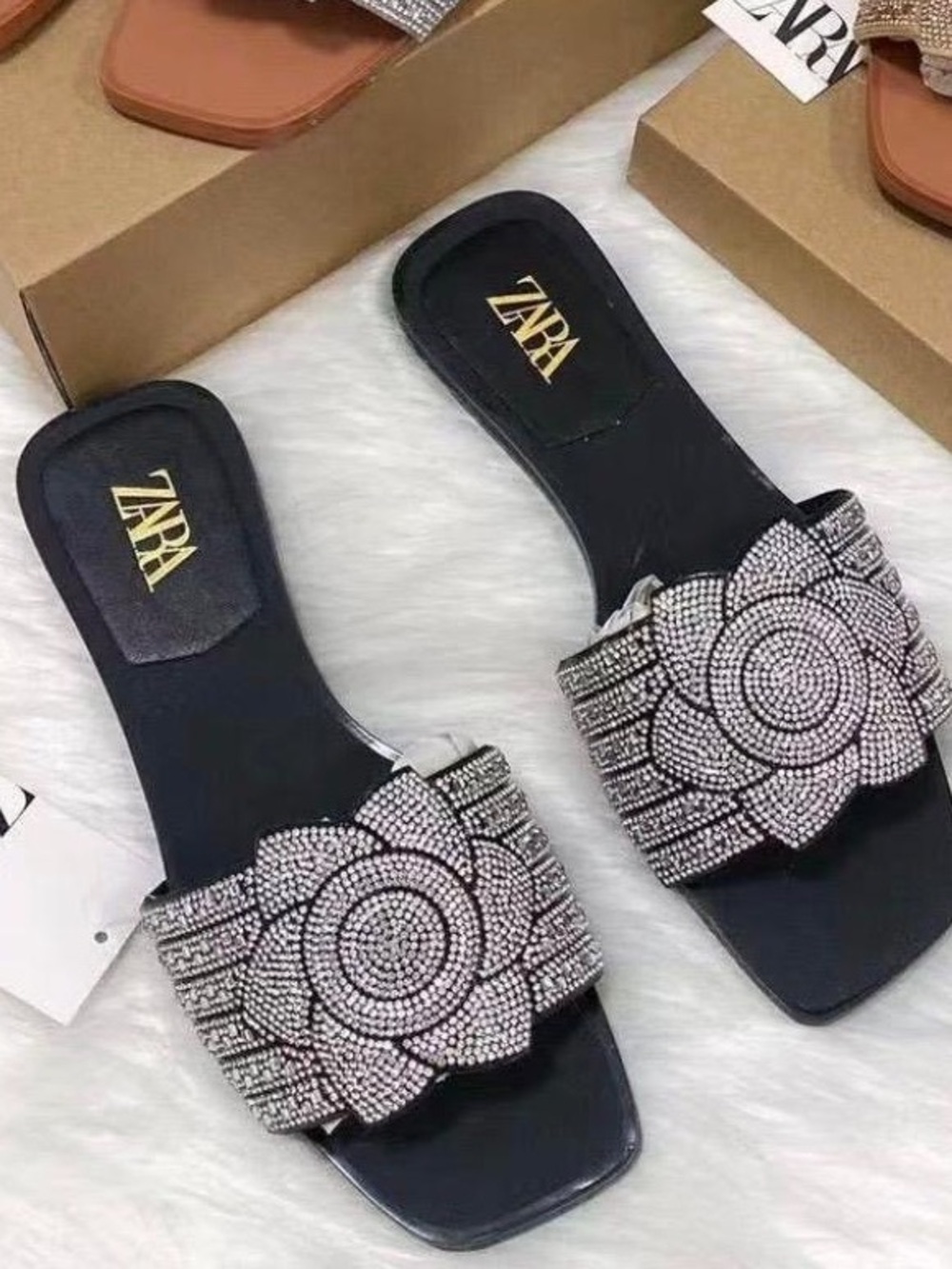 Zara Black Slide Sandals with Silver Crystal Floral Strap